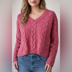 HYFVE Raspberry Cable Knit V-Neck Sweater